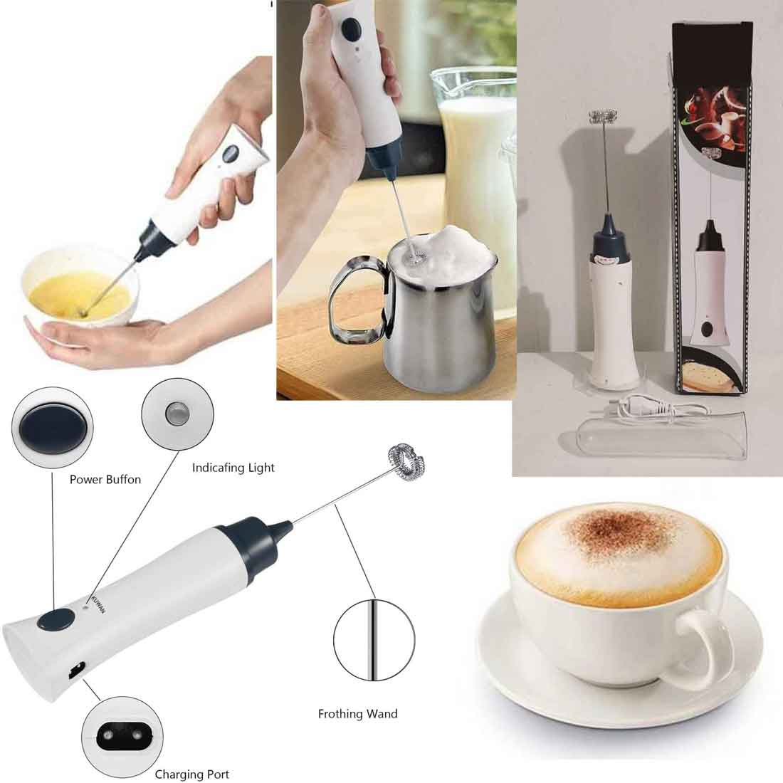 KUWAN Electric Milk Frother Rechargeable Handheld Wand Coffee Mixer for  Latte Hot Milk Eggbeater with Charging Cable